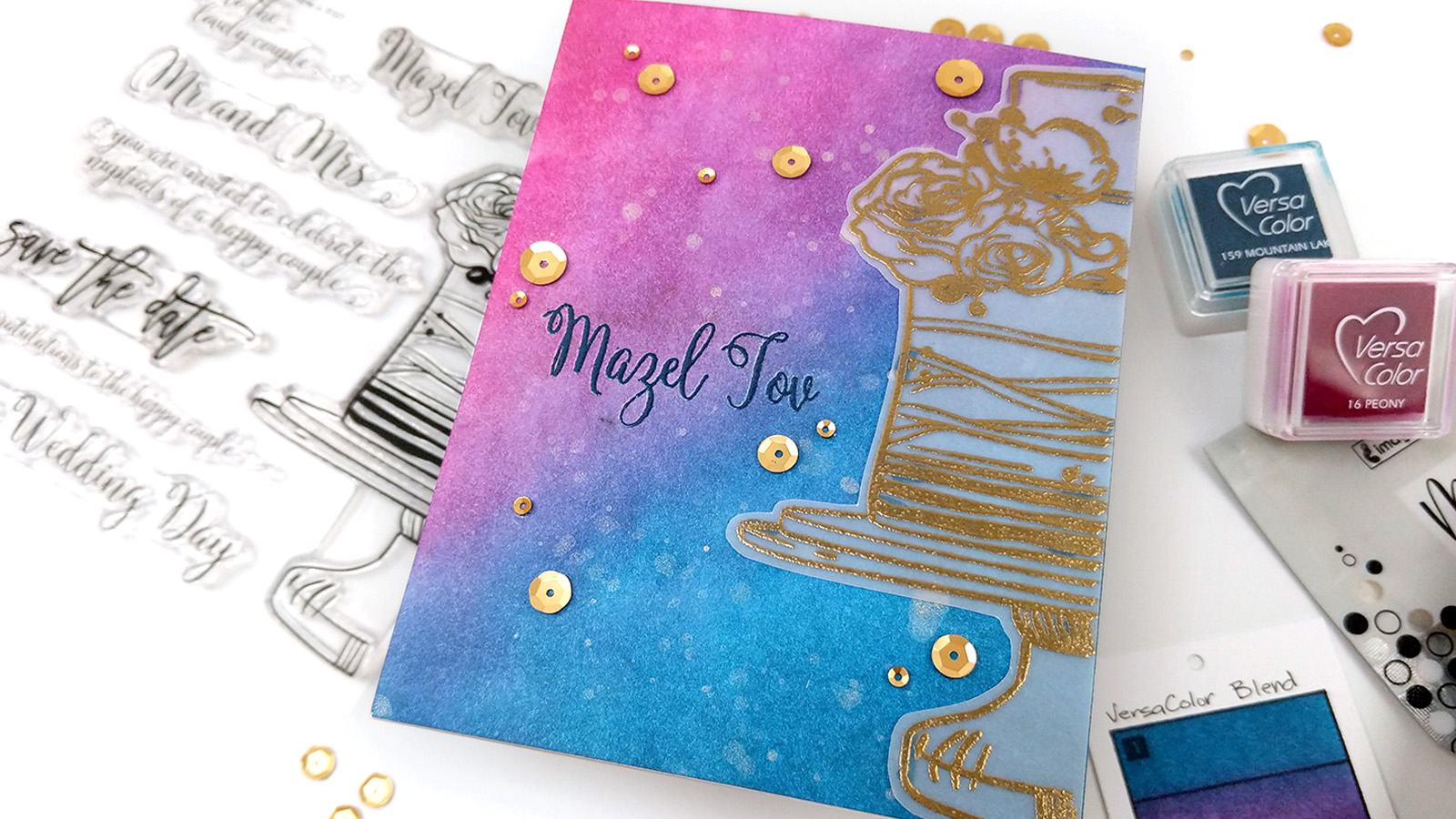 versacolor pigment ink pad in pink and blue ink blended for a wedding mazel tov greeting card
